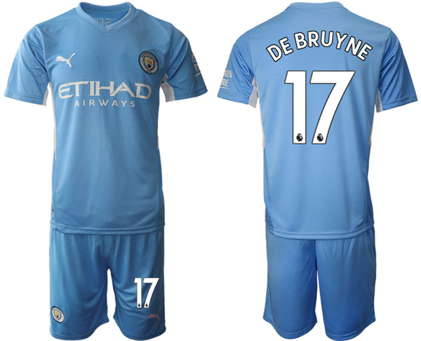 Men's Manchester City #17 Kevin De Bruyne 2021/22 Blue Home Soccer Jersey Suit